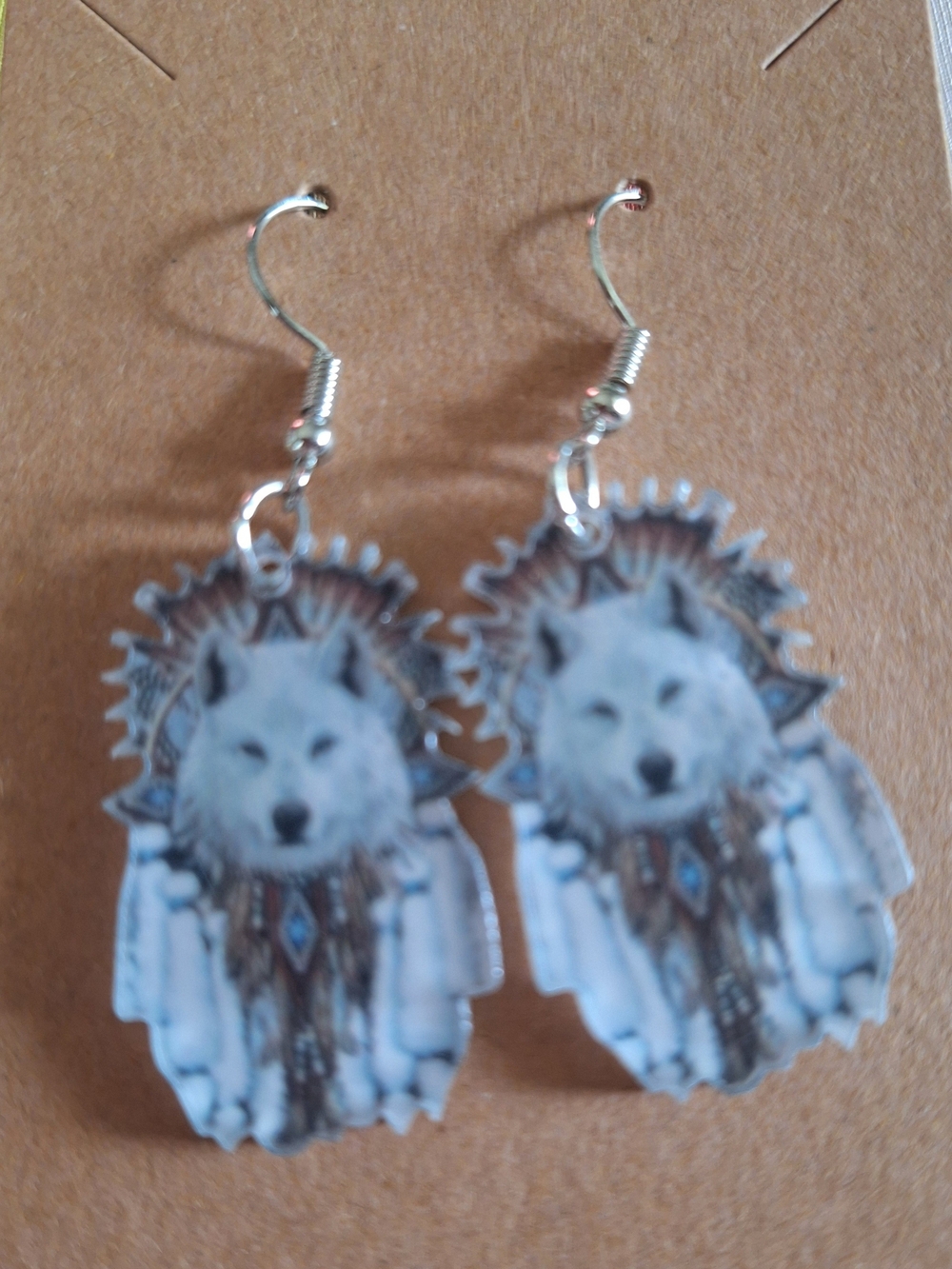 White Wolf Dreamcatcher Dangle Earrings - Women Jewelry NWOT